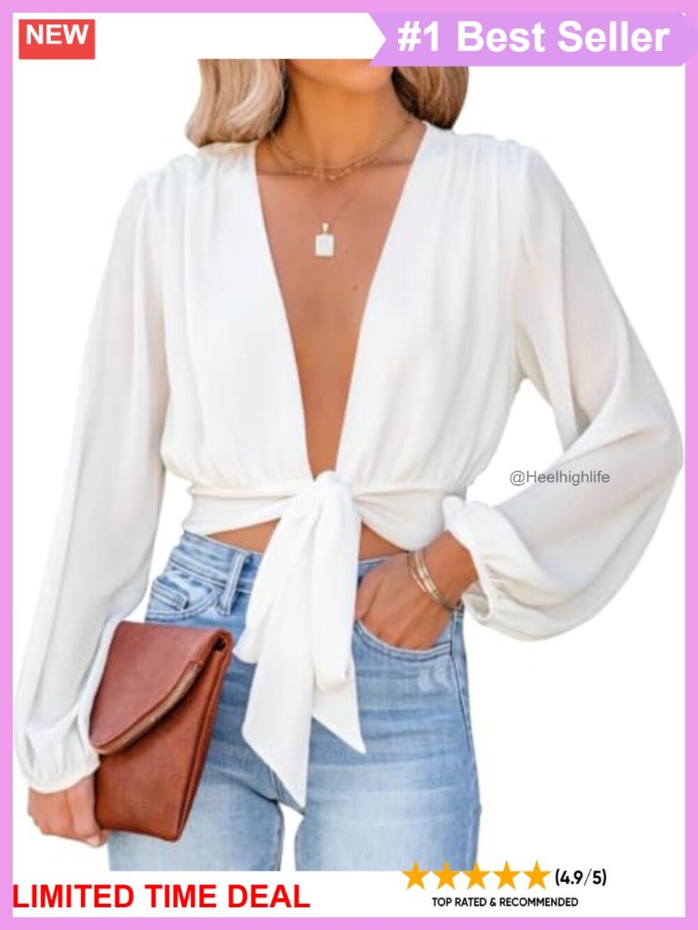 Deep V Neck Wrap Crop Top Long Puff Sleeve Tie Front Blouse